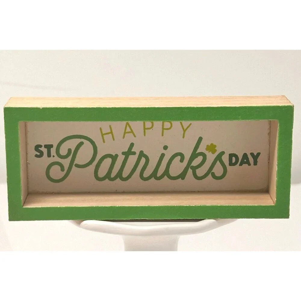 St. Patricks Tabletop Mini Sign Wooden Block Green Shelf Shamrock Decoration 5x2